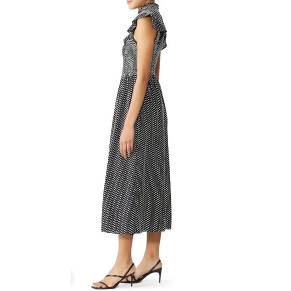 Kate Spade Clip Dot Midi Dress Black White High Neck Ruffle A-Line Silk Blend 6 - Picture 4 of 15